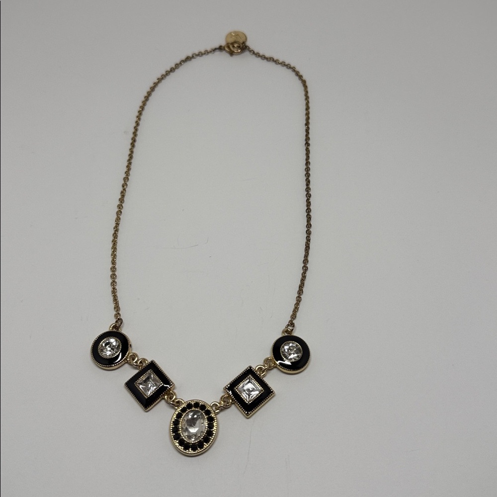 Vintage Liz Claiborne Gold Tone Necklace Black Enamel & Crystal Pendants 17”